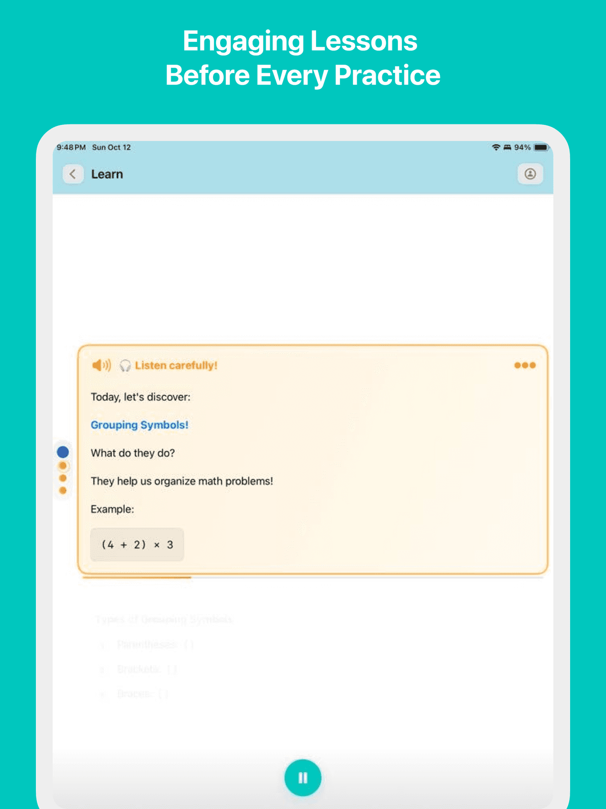 Interactive math lesson with colorful visuals and step-by-step audio narration